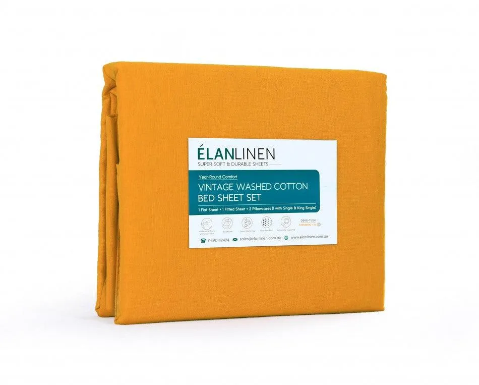 Elan Linen 100% Egyptian Cotton Vintage Washed 500TC Mustard 50 cm Deep Mega Queen Bed Sheets Set