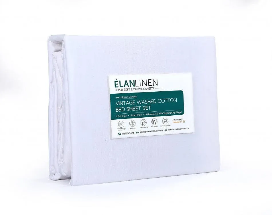 Elan Linen 100% Egyptian Cotton Vintage Washed 500TC White 50 cm deep Mega King Bed Sheets Set