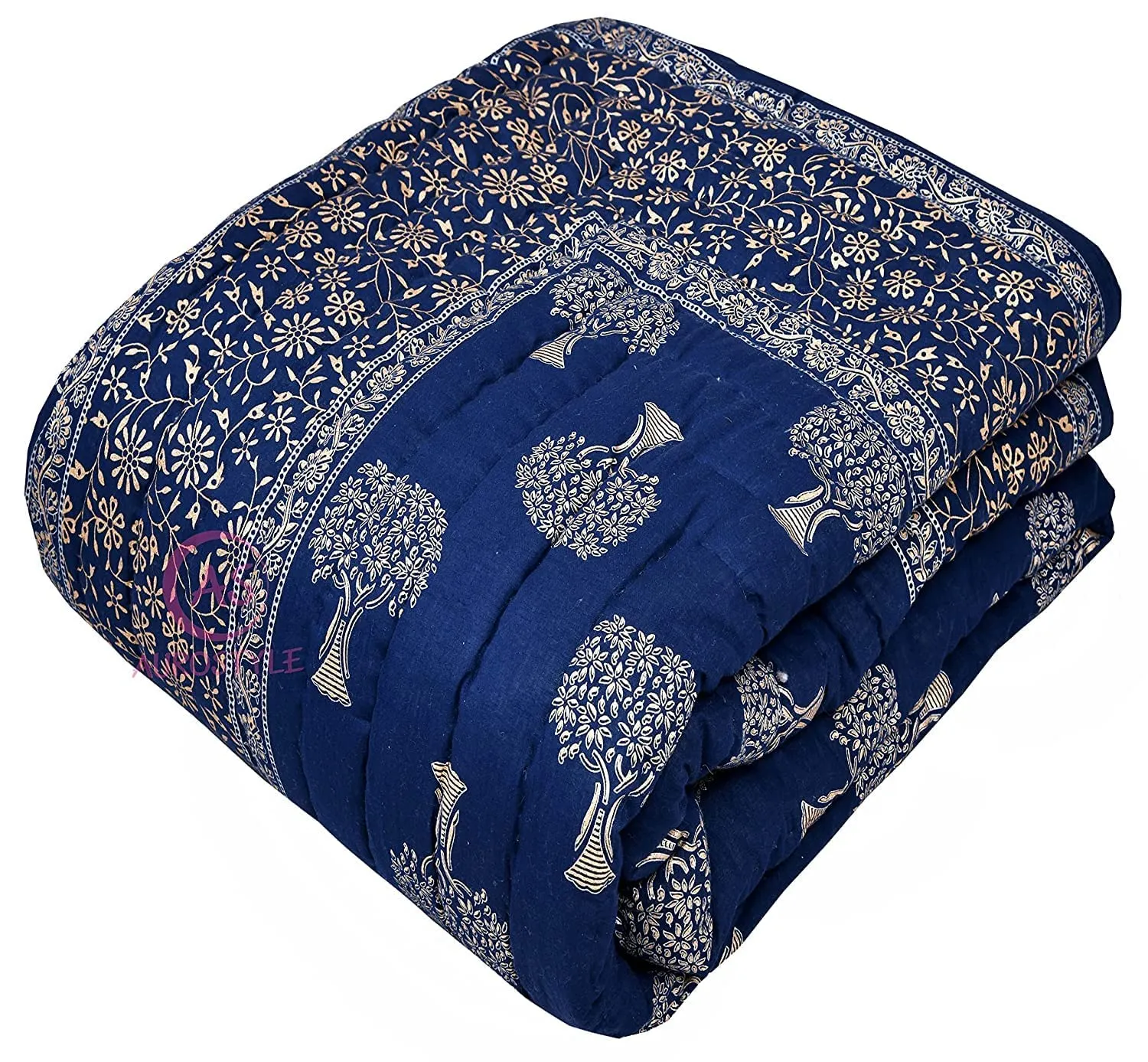 FEELRAX Jaipuri Razai Rajsthani Traditional Hand Stitched Blanket 100% Pure Cotton Blue Silver Gold Printed Bedding Quilt Soft Lightweight Winter and Summer Jaipuri Quilt (Single Bed, 55X85 Inches)