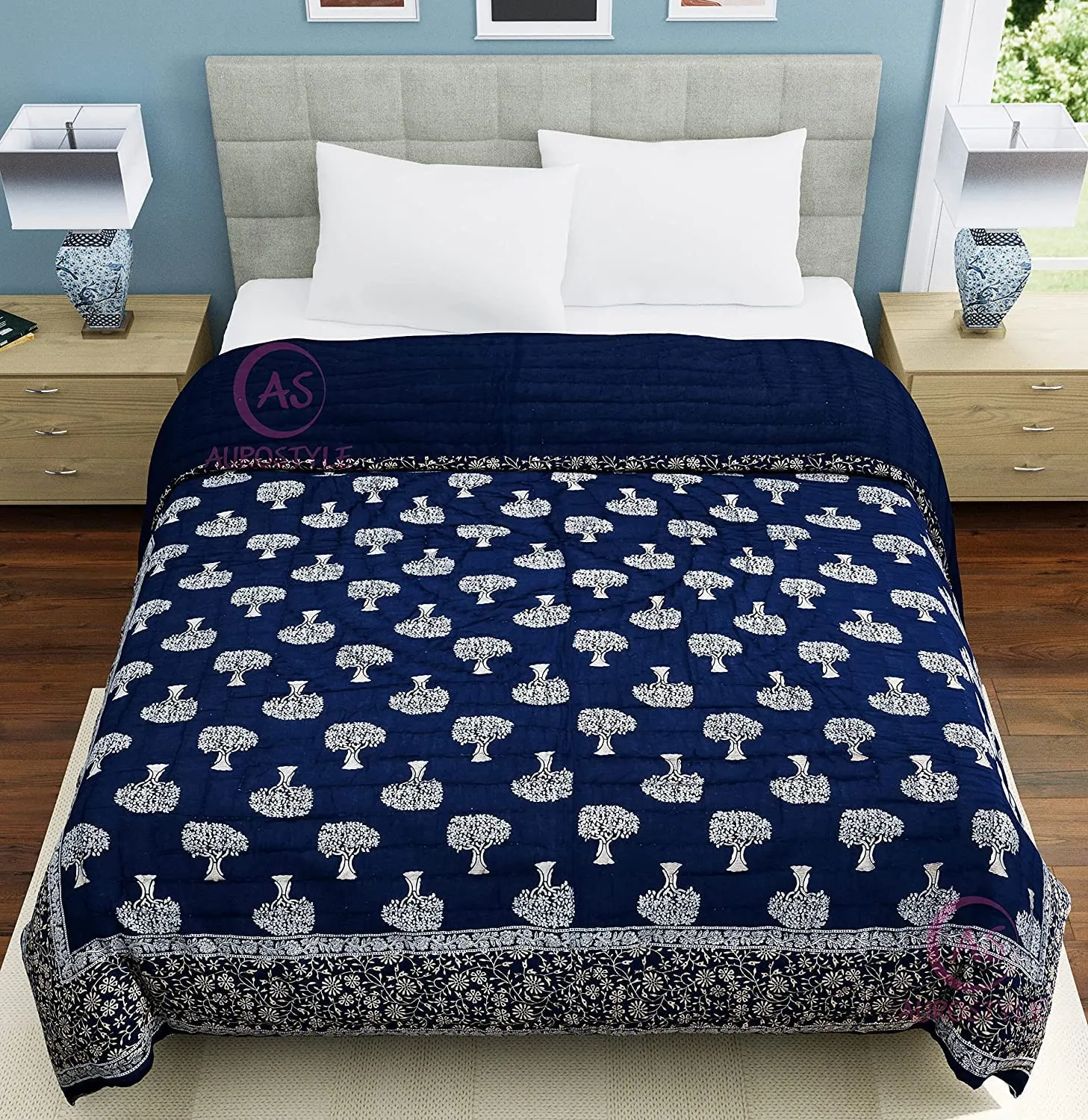 FEELRAX Jaipuri Razai Rajsthani Traditional Hand Stitched Blanket 100% Pure Cotton Blue Silver Gold Printed Bedding Quilt Soft Lightweight Winter and Summer Jaipuri Quilt (Single Bed, 55X85 Inches)