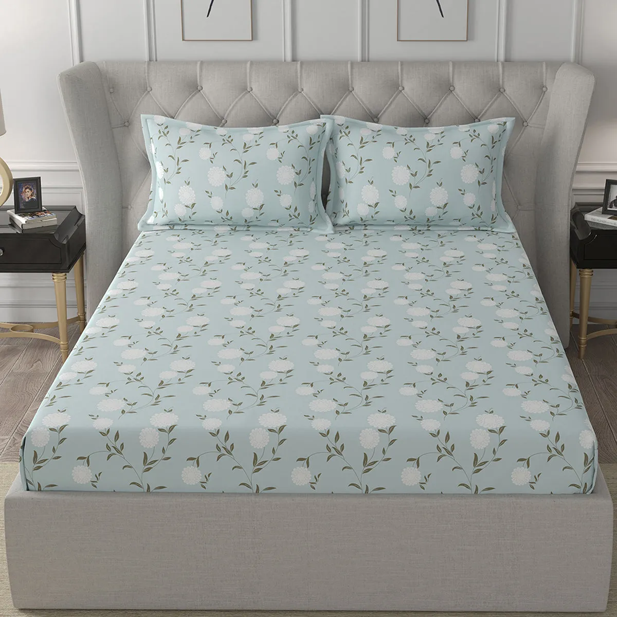 Florescence Chloe Print Blue Fitted Sheet With Pillow Covers