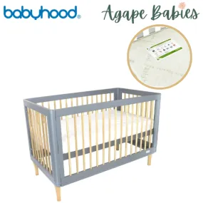 [FOC Assembly] (1 yr warranty) Babyhood Riya Cot 5-in-1 Beech/Grey   Bamboo Innerspring - (Bundle Pack)