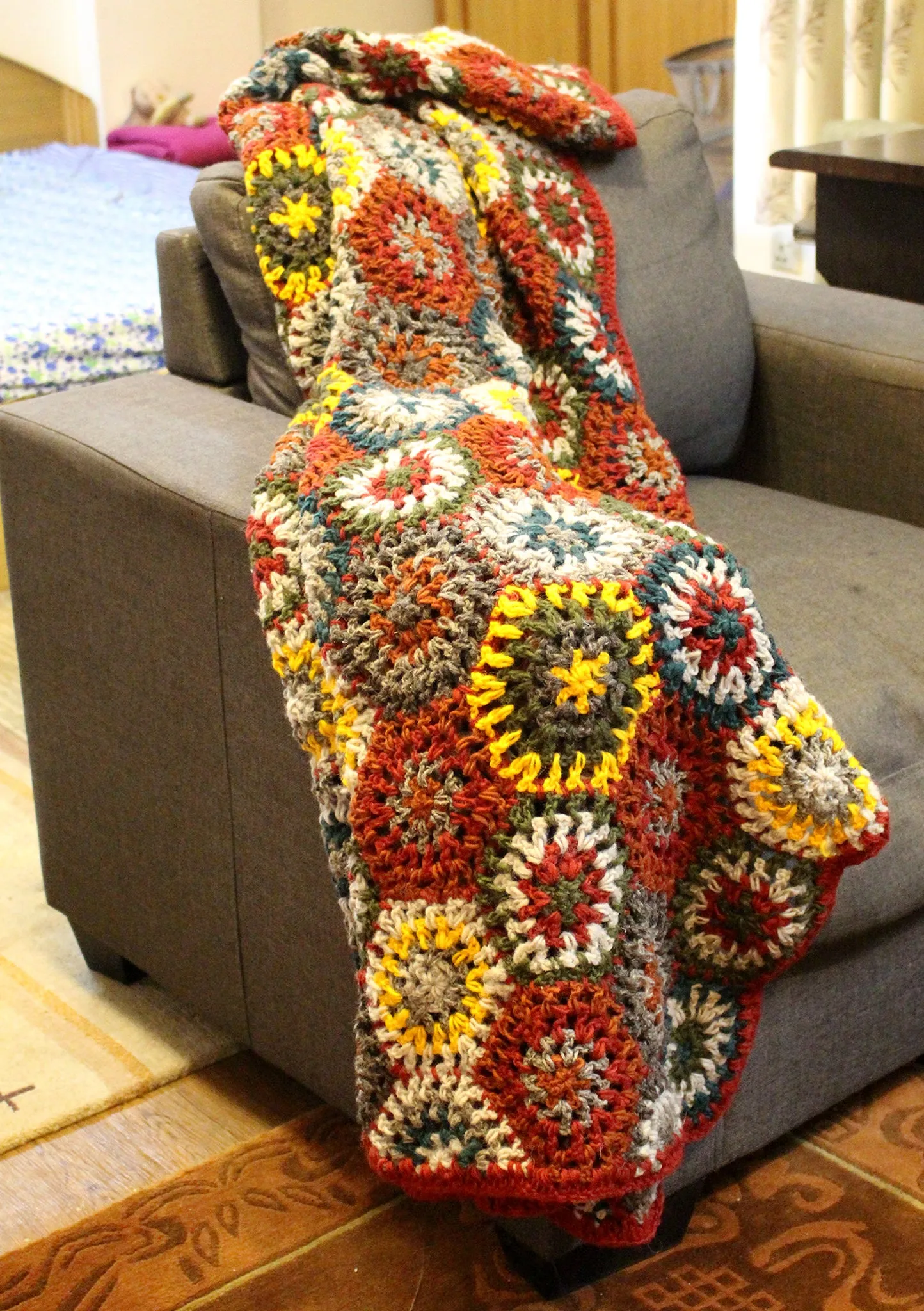 Gorgeous Hand Crochet Red and Yellow Multicolor Woolen Blanket