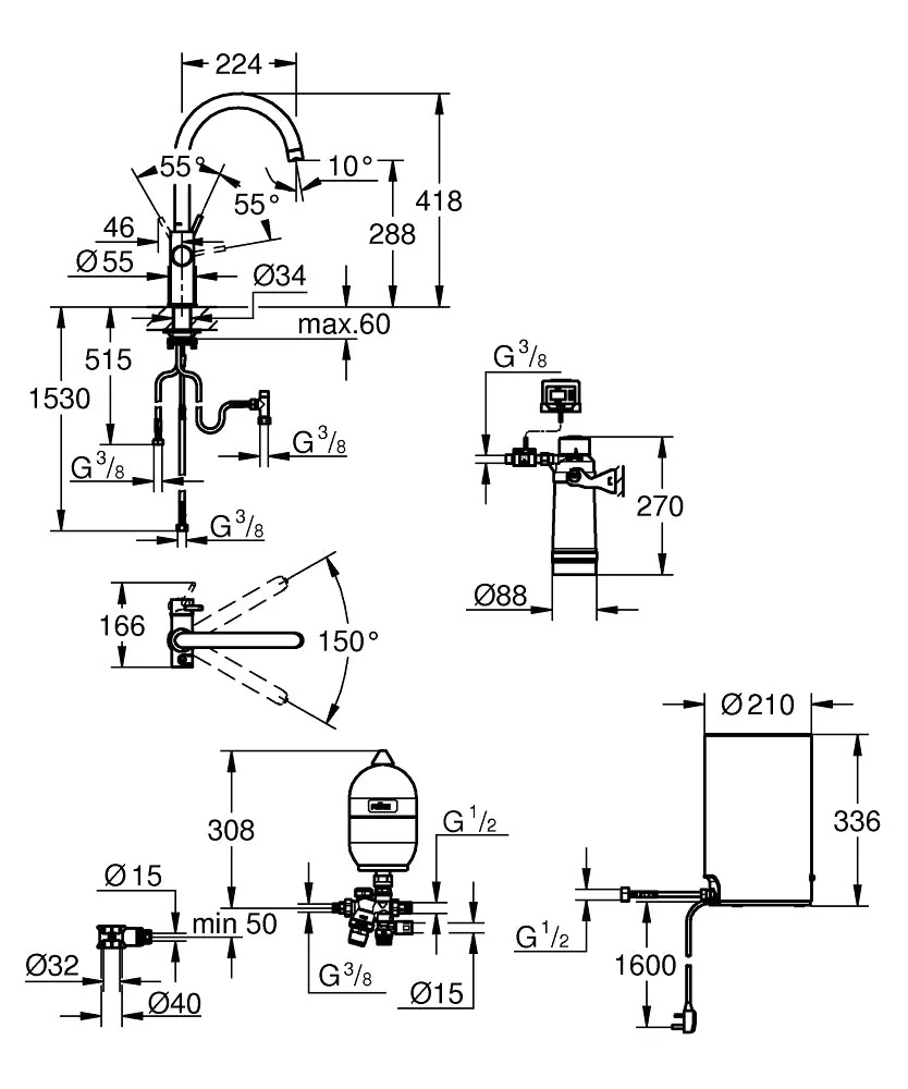 Grohe Red II Duo C-Spout Tap In Chrome and M Size Boiler