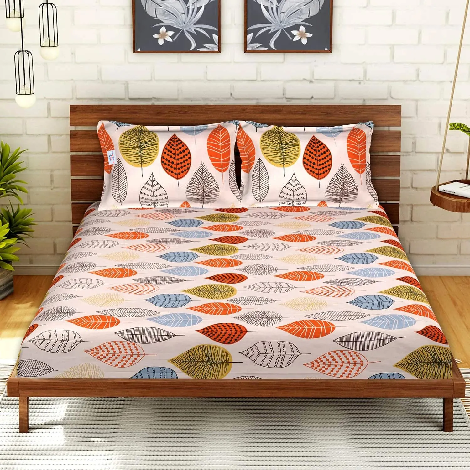 Heart Home Double Bedsheet|Glace Cotton Leaf Print Bedsheet with 2 Pillow Covers for Living Room|Bedroom|90x100 Inch (Peach)