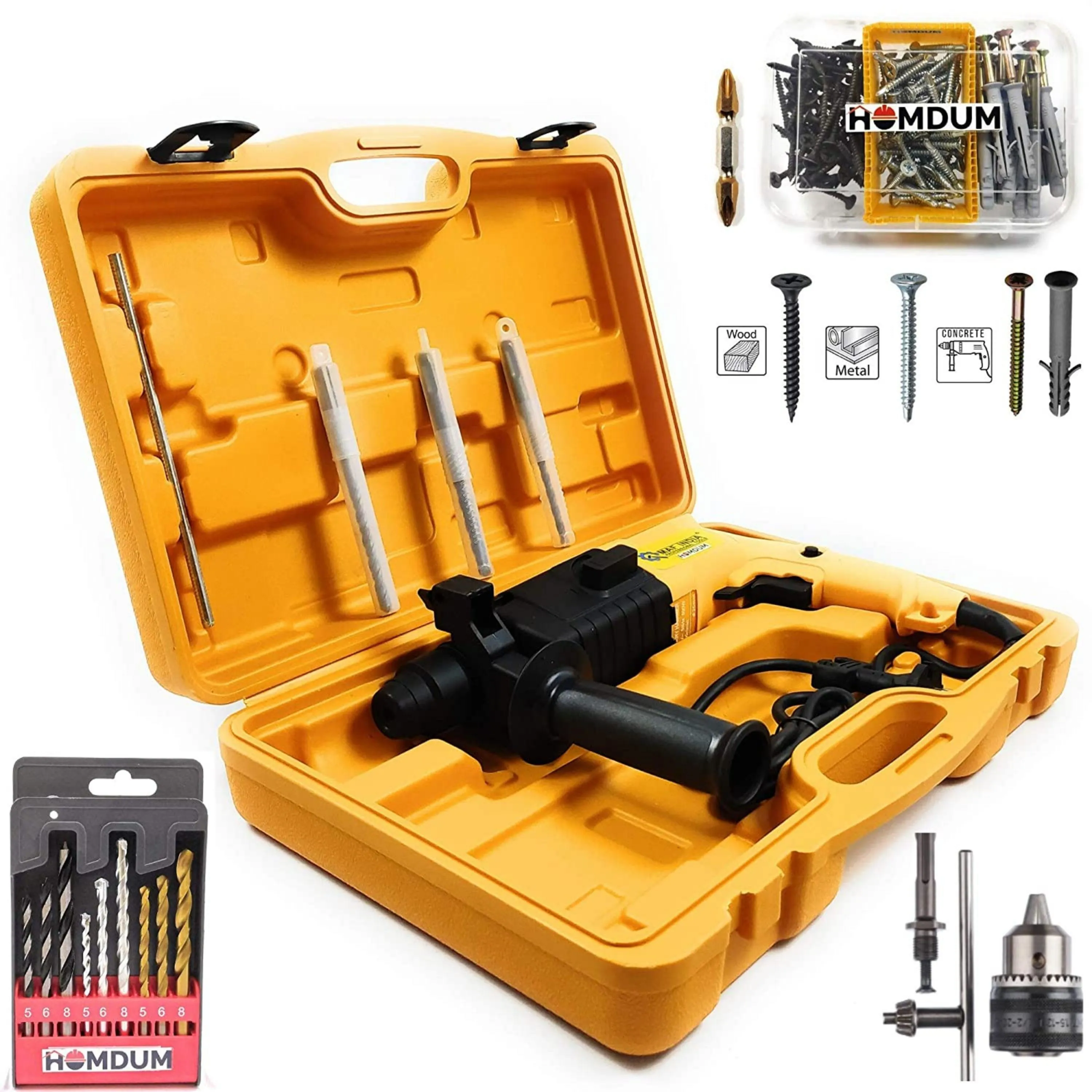 Homdum 500W Rotary Hammer Maf drill machine chuck size 20mm with Handle & Depth Gauge attachment 3 pc sds drill bit set