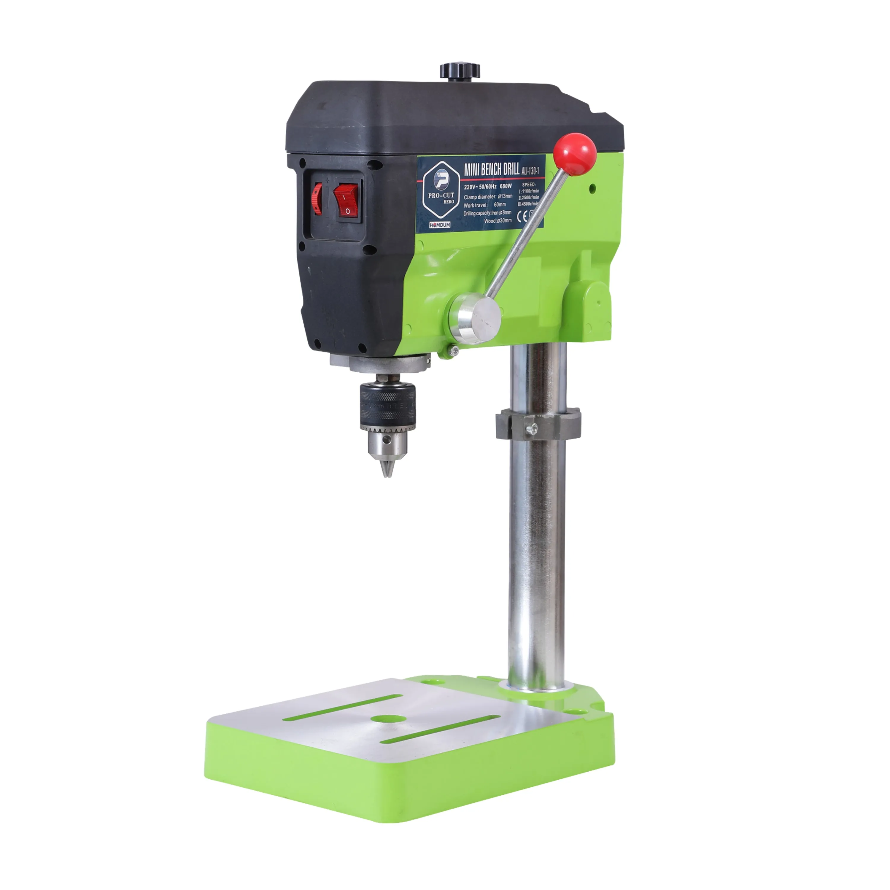 Homdum 680W High speed bench Electric Drill Machine - with 3 Level Speed Drilling - Chuck size 13 mm - 2.5 Inch depth- Procut Bench Press drill (Green)