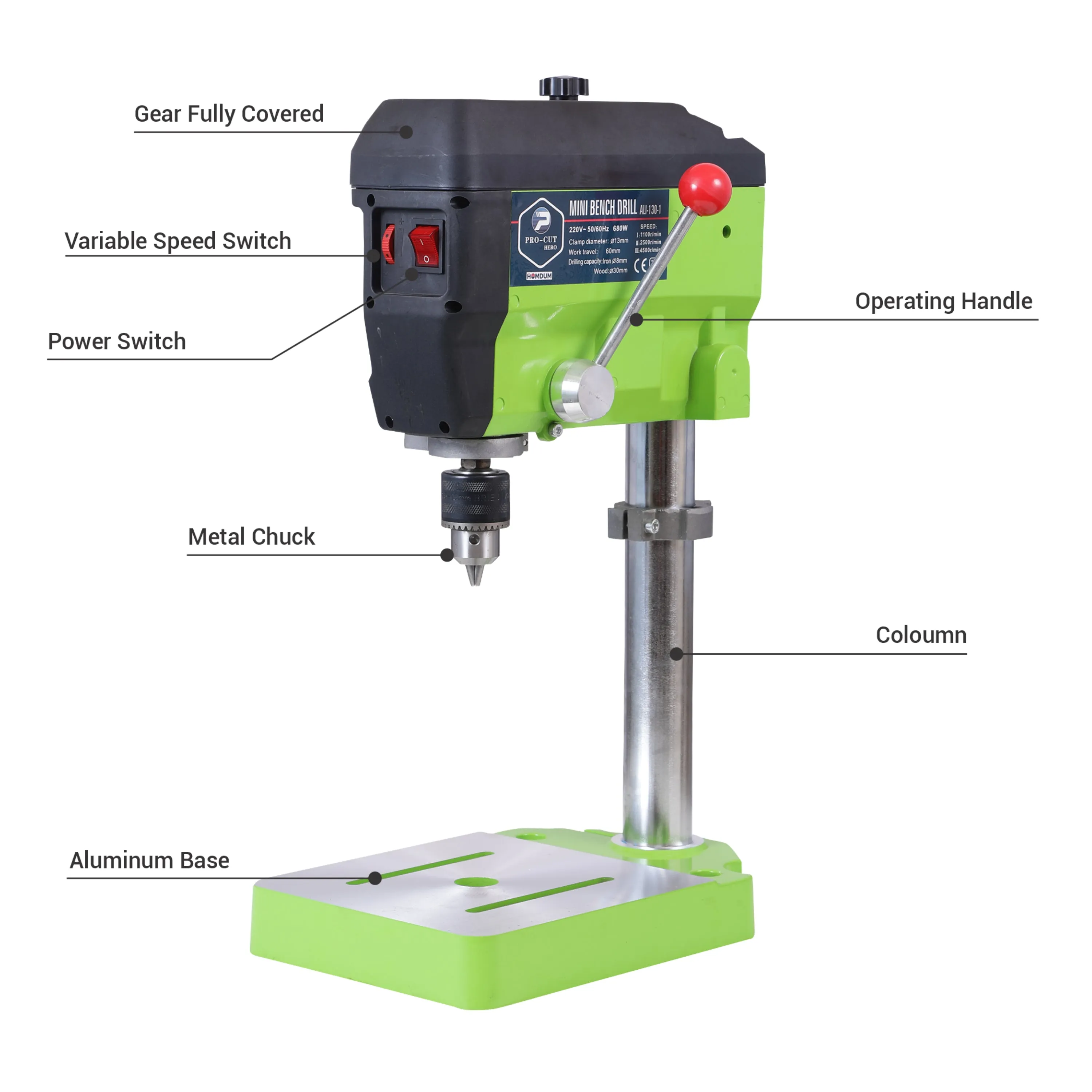 Homdum 680W High speed bench Electric Drill Machine - with 3 Level Speed Drilling - Chuck size 13 mm - 2.5 Inch depth- Procut Bench Press drill (Green)