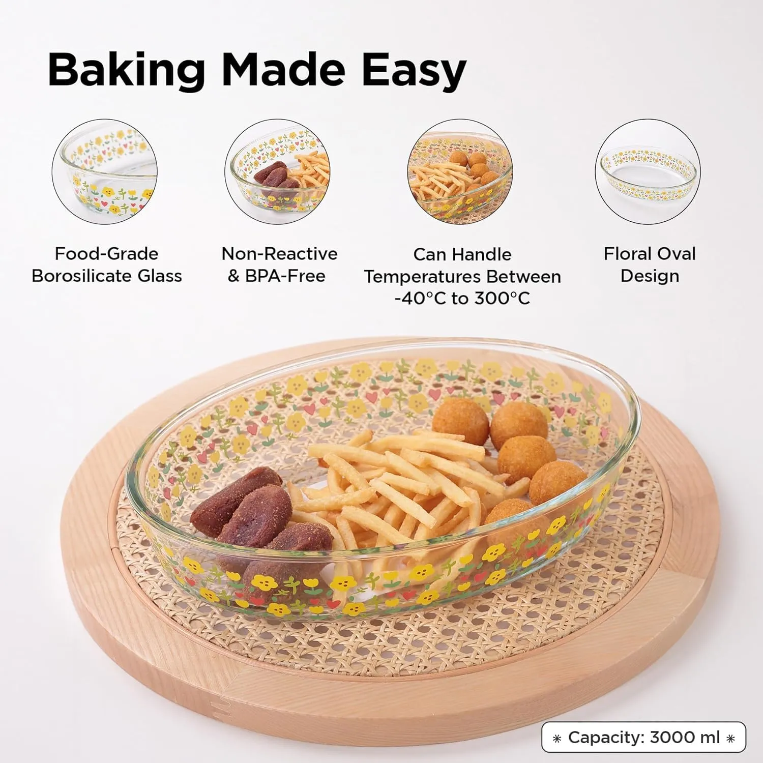 Homestic 3000 ml Borosilicate Printed Glass Baking Tray | Transparent Microwave Oven Safe Utensils | Oval Bread Moulds for Baking | Dishwasher & Freezer Safe | Multipurpose use Serving Tray