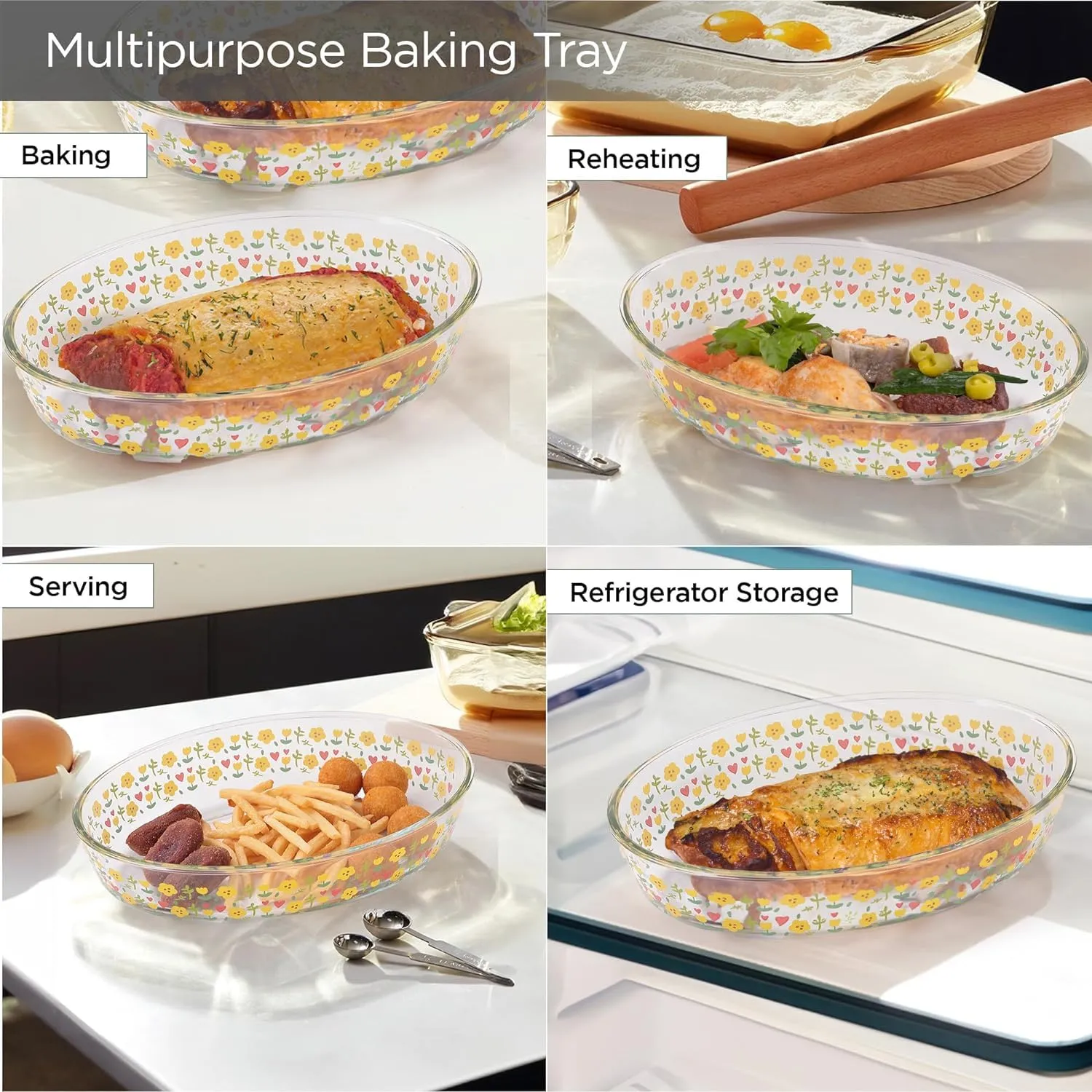 Homestic 3000 ml Borosilicate Printed Glass Baking Tray | Transparent Microwave Oven Safe Utensils | Oval Bread Moulds for Baking | Dishwasher & Freezer Safe | Multipurpose use Serving Tray