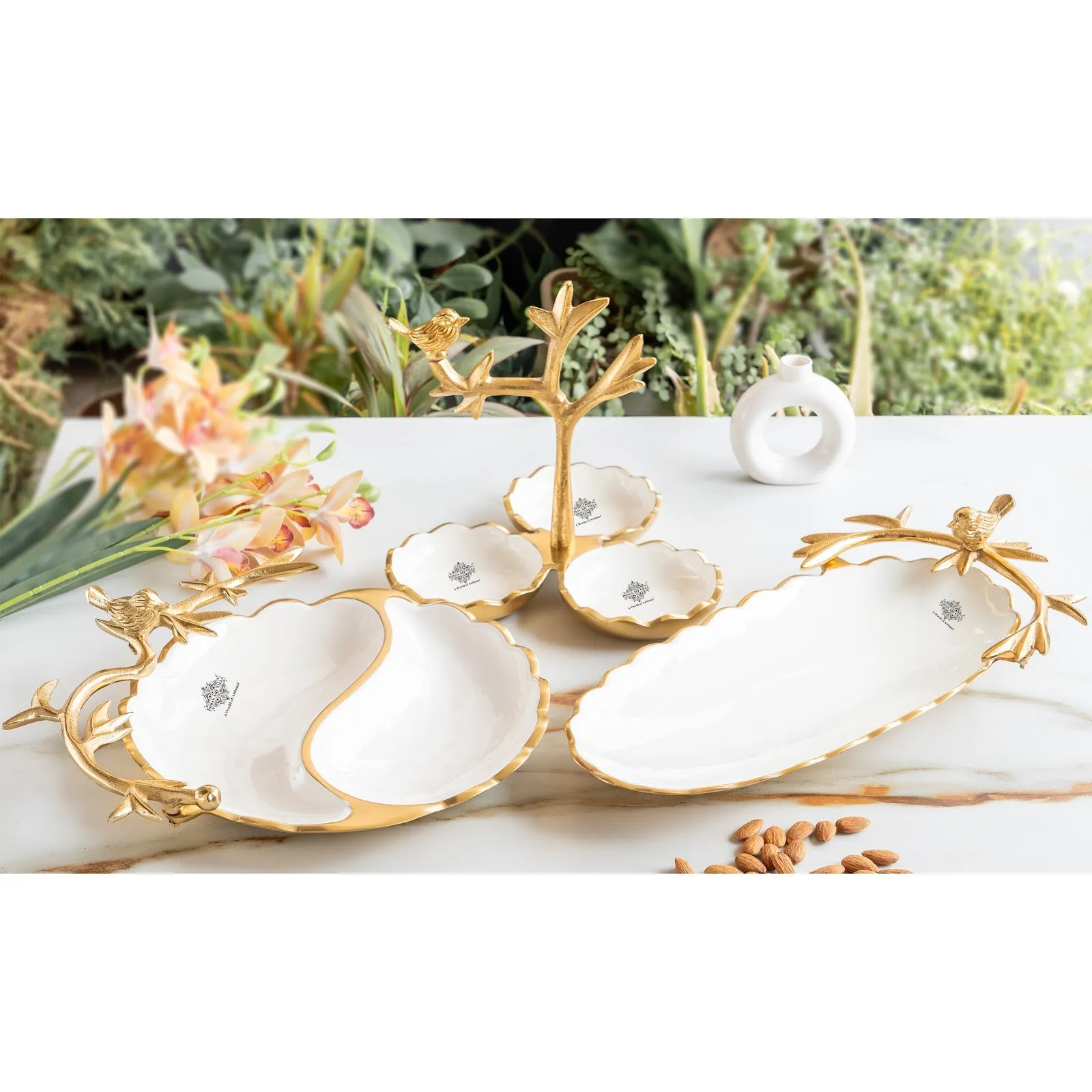 Indian Art Villa Brass Finish Decorative Serving Platter with Bird Design – 43 CM Oval Shape, Elegant Tableware for Home, Kitchen, Parties, Weddings, and Gifting