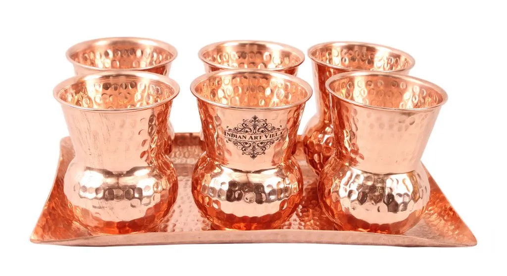 IndianArtvilla Copper Hammered Rectangular Tray with 6 Mathat Glasses