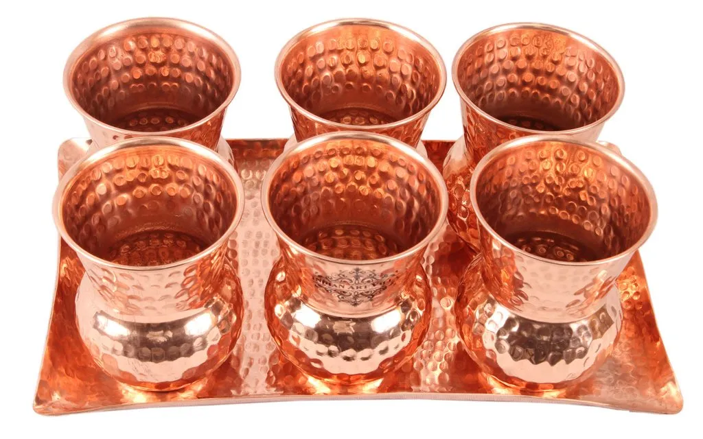 IndianArtvilla Copper Hammered Rectangular Tray with 6 Mathat Glasses