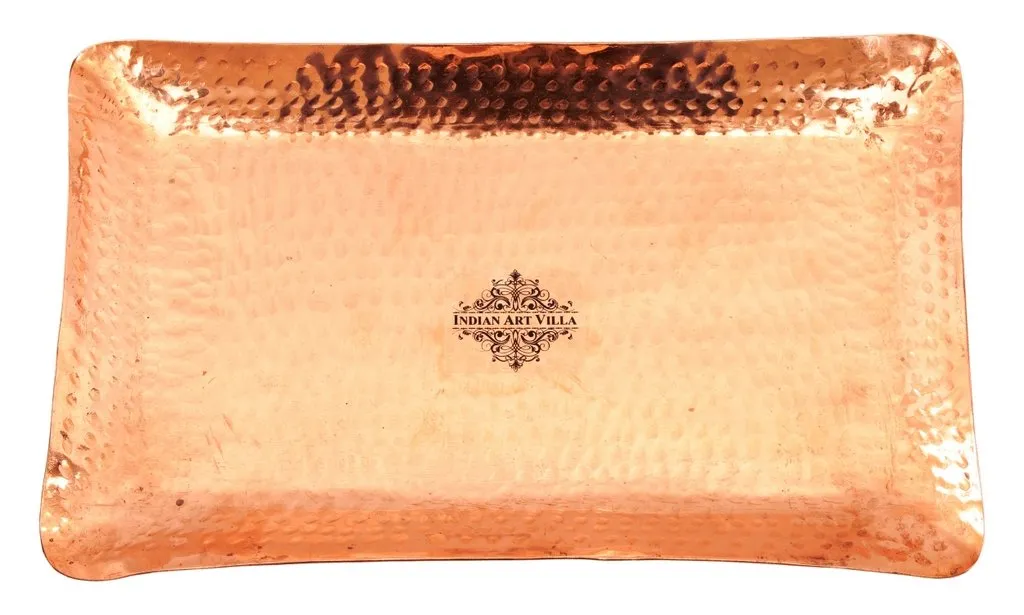 IndianArtvilla Copper Hammered Rectangular Tray with 6 Mathat Glasses