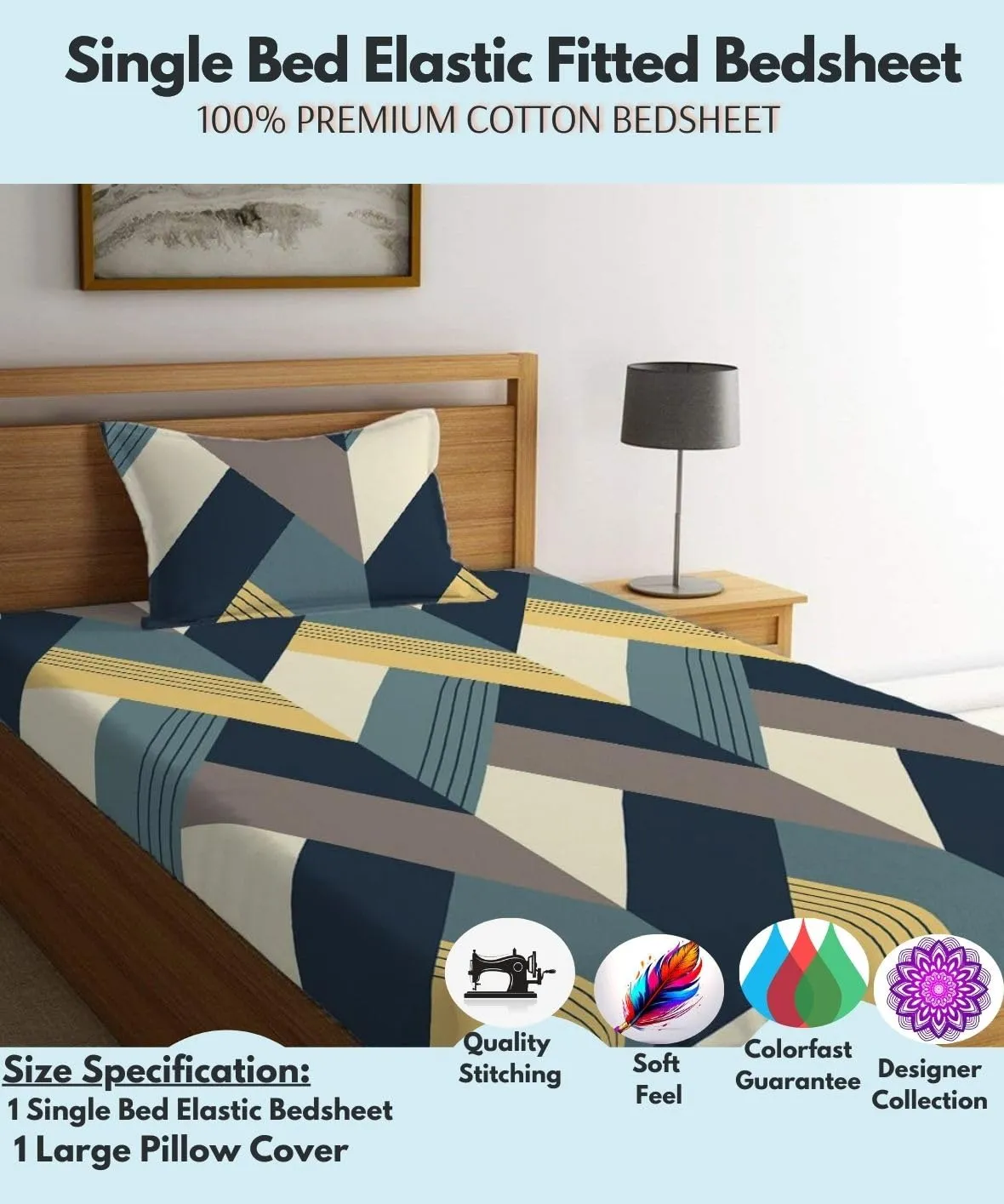 innovative edge Glace Cotton Single Size Bedsheet, Elastic Fitted Bedsheet, Bedsheet Single Size 60x90 Fits up to 6" Inches, Bedsheet for Single Bed, 210TC Blue Bedsheet