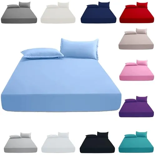 KHIM 100% Cotton 40CM/16inch Deep Fitted Sheet Single, Double, King & Super King Bed Sheets with Pillowcase Pair Available in 5 different colors