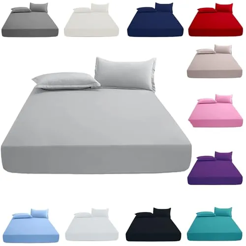 KHIM 100% Cotton 40CM/16inch Deep Fitted Sheet Single, Double, King & Super King Bed Sheets with Pillowcase Pair Available in 5 different colors