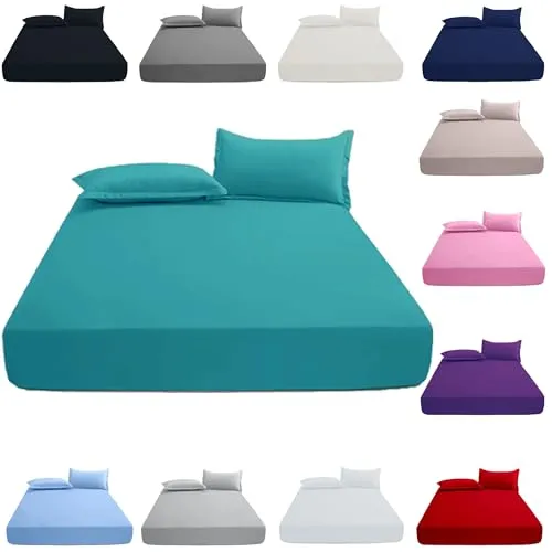 KHIM 100% Cotton 40CM/16inch Deep Fitted Sheet Single, Double, King & Super King Bed Sheets with Pillowcase Pair Available in 5 different colors