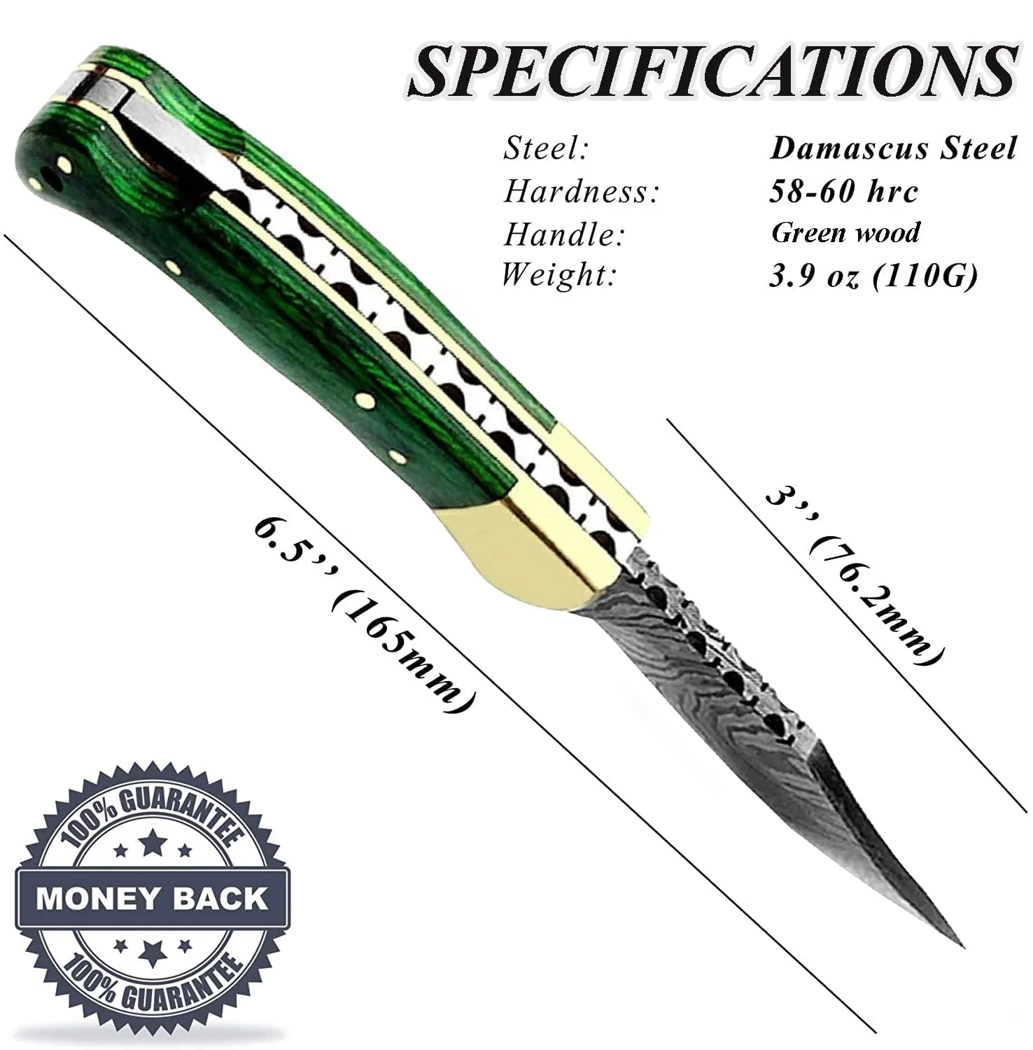 knife 6.5" Green Wood Damascus Steel Folding Pocket Knife Hunting knife Pocket knife for men, Pocket knives set