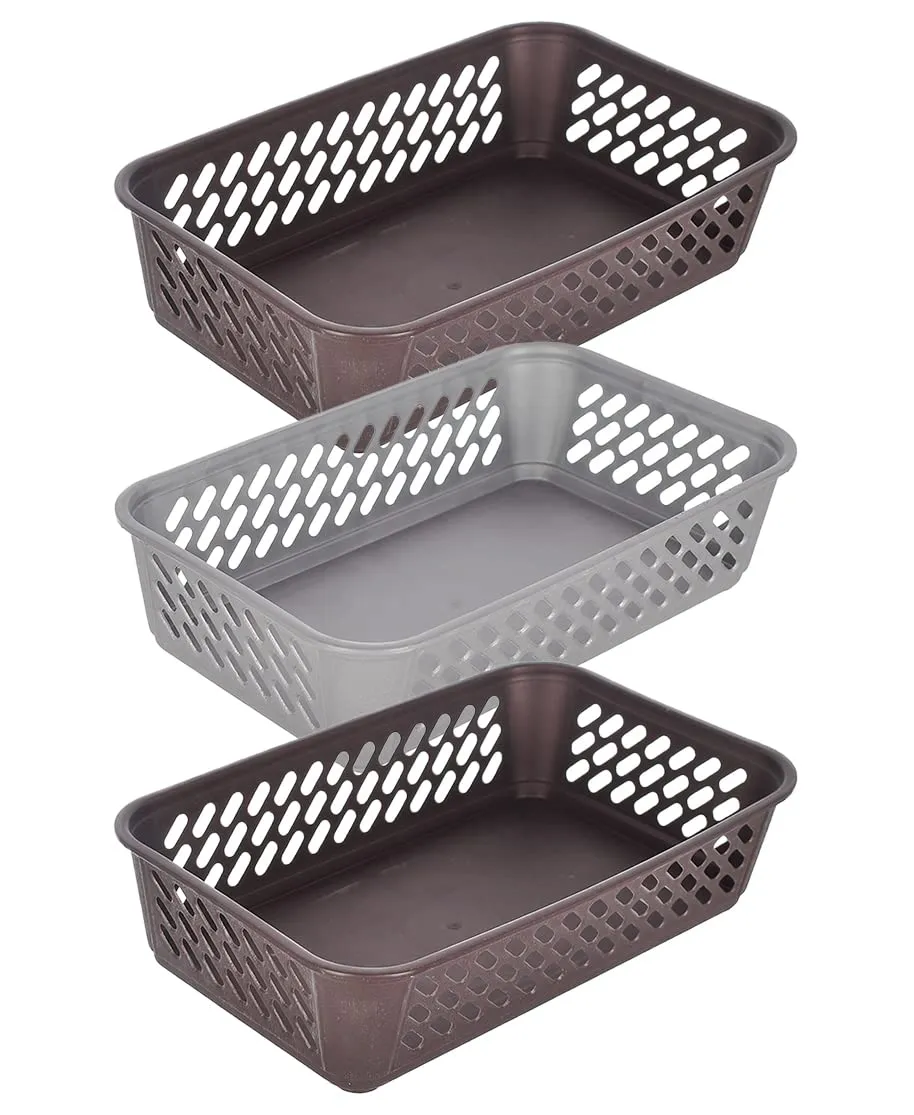 Kuber Industries Multiuses Super Tidy Plastic Tray Without Lid|Solid Color |Document Organizer|Size 20 x 16 x 6 CM|Pack of 3 (Brown & Grey & Brown) -46KM0585