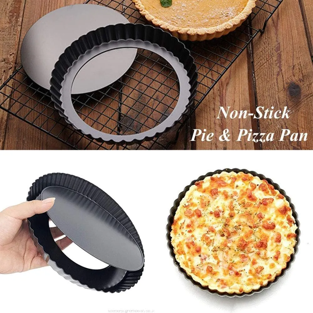 Kuber Industries Pie and Pizza Pan with Removeable Bottom|Carbon Steel Tart Pan-Pack of 4 (Black)