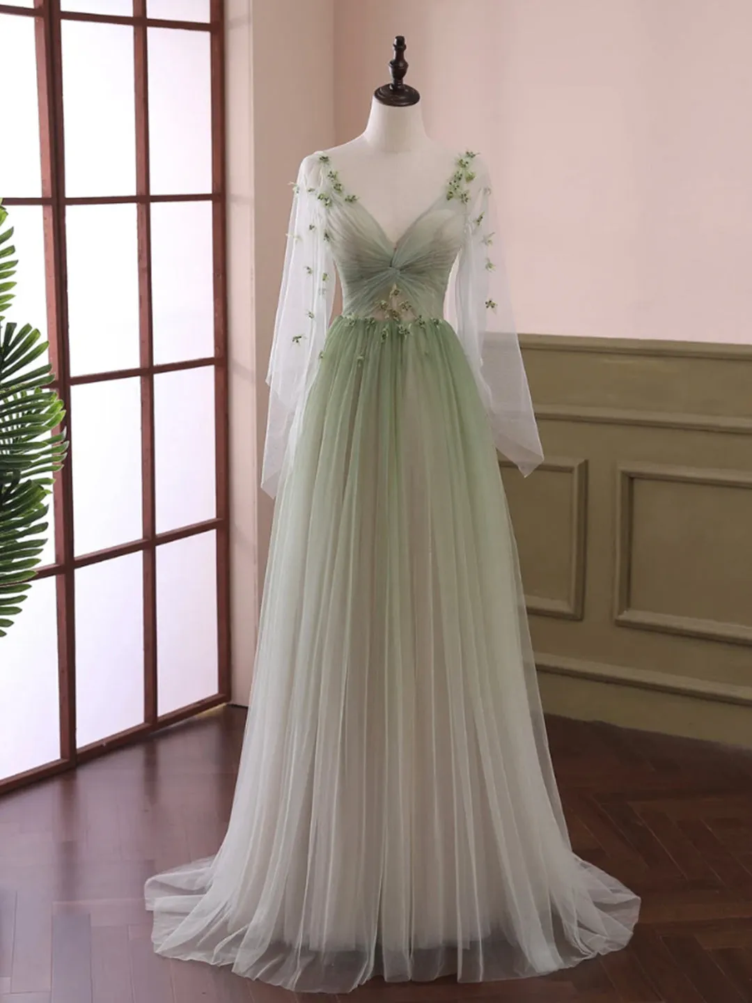 Light Green Tulle Long Sleeve Prom Dress Green Gradient Floor Length Evening Dress