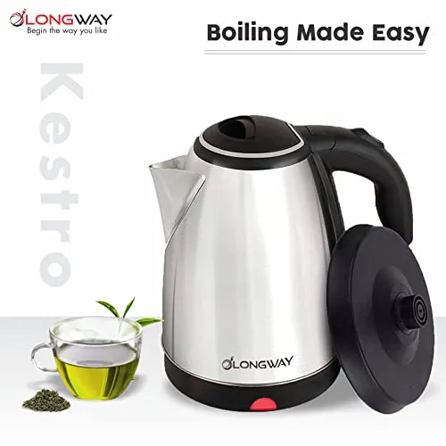 Longway Kestro 1500W Electric Kettle with Stainless Steel Body, 2 litre - Auto Power Cut used for boiling Water, making tea and coffee, instant noodles, soup etc. (Black & Silver)