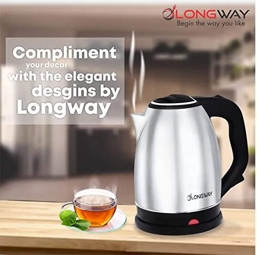 Longway Kestro 1500W Electric Kettle with Stainless Steel Body, 2 litre - Auto Power Cut used for boiling Water, making tea and coffee, instant noodles, soup etc. (Black & Silver)