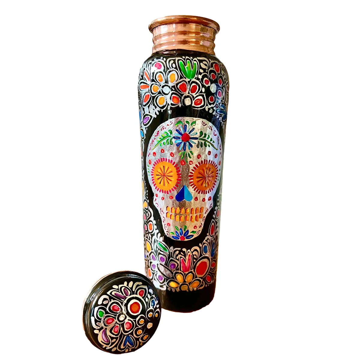 Mexican Copper 1 L / 33 oz. Water Bottle- Hand Painted Multicolored Sugar Skull