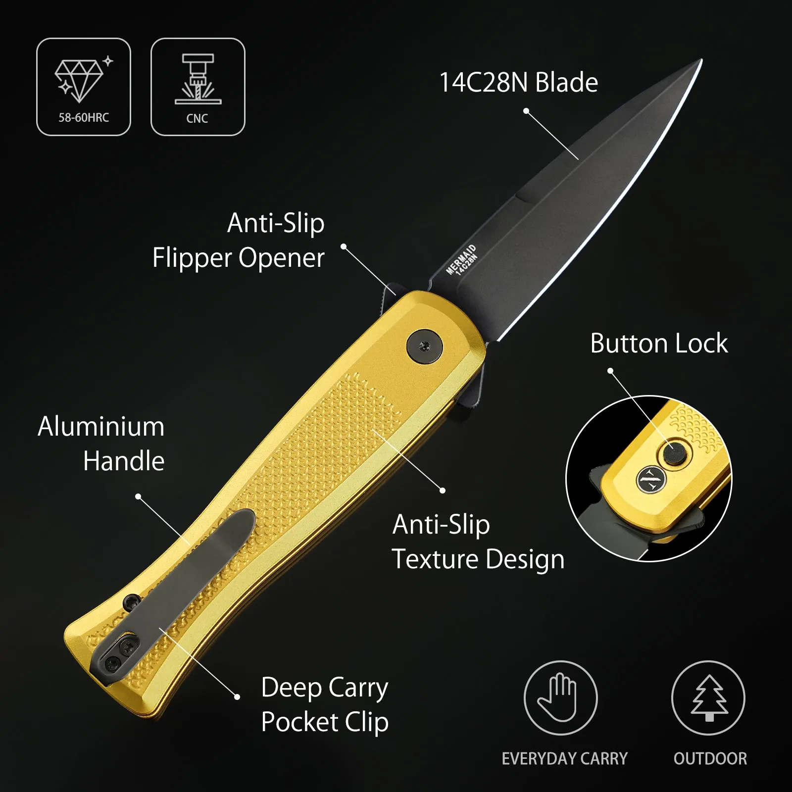 NedFoss MERMAID II Pocket Knife, 3.18" 14C28N Steel Small EDC Button Lock Knife with Aluminum Handle and Deep Pocket Clip, Perfect Folding Knife for Men Women (Golden)