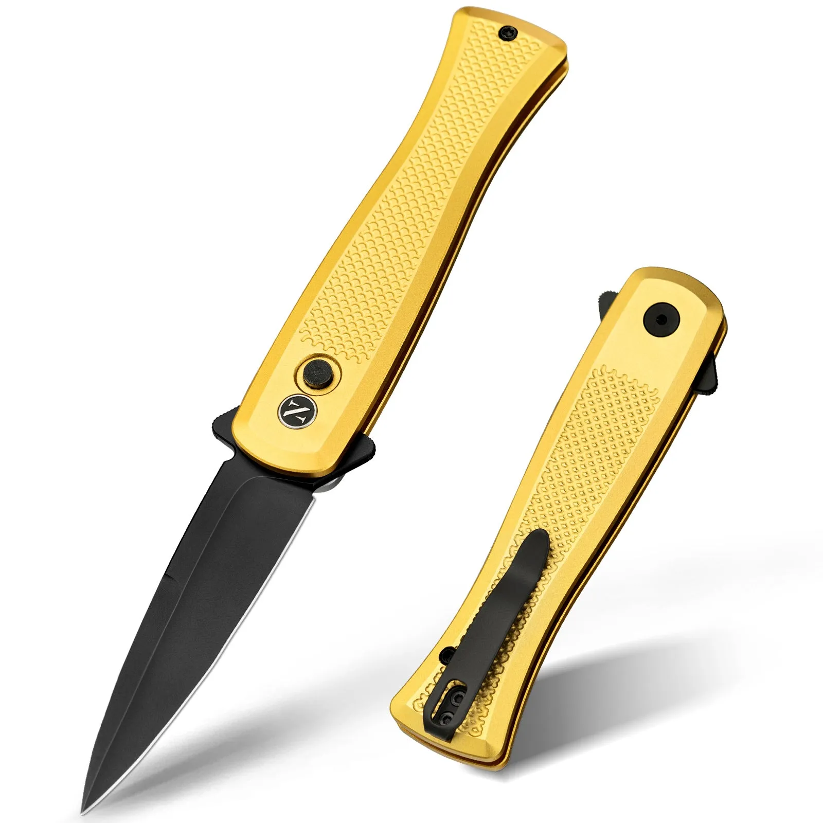 NedFoss MERMAID II Pocket Knife, 3.18" 14C28N Steel Small EDC Button Lock Knife with Aluminum Handle and Deep Pocket Clip, Perfect Folding Knife for Men Women (Golden)