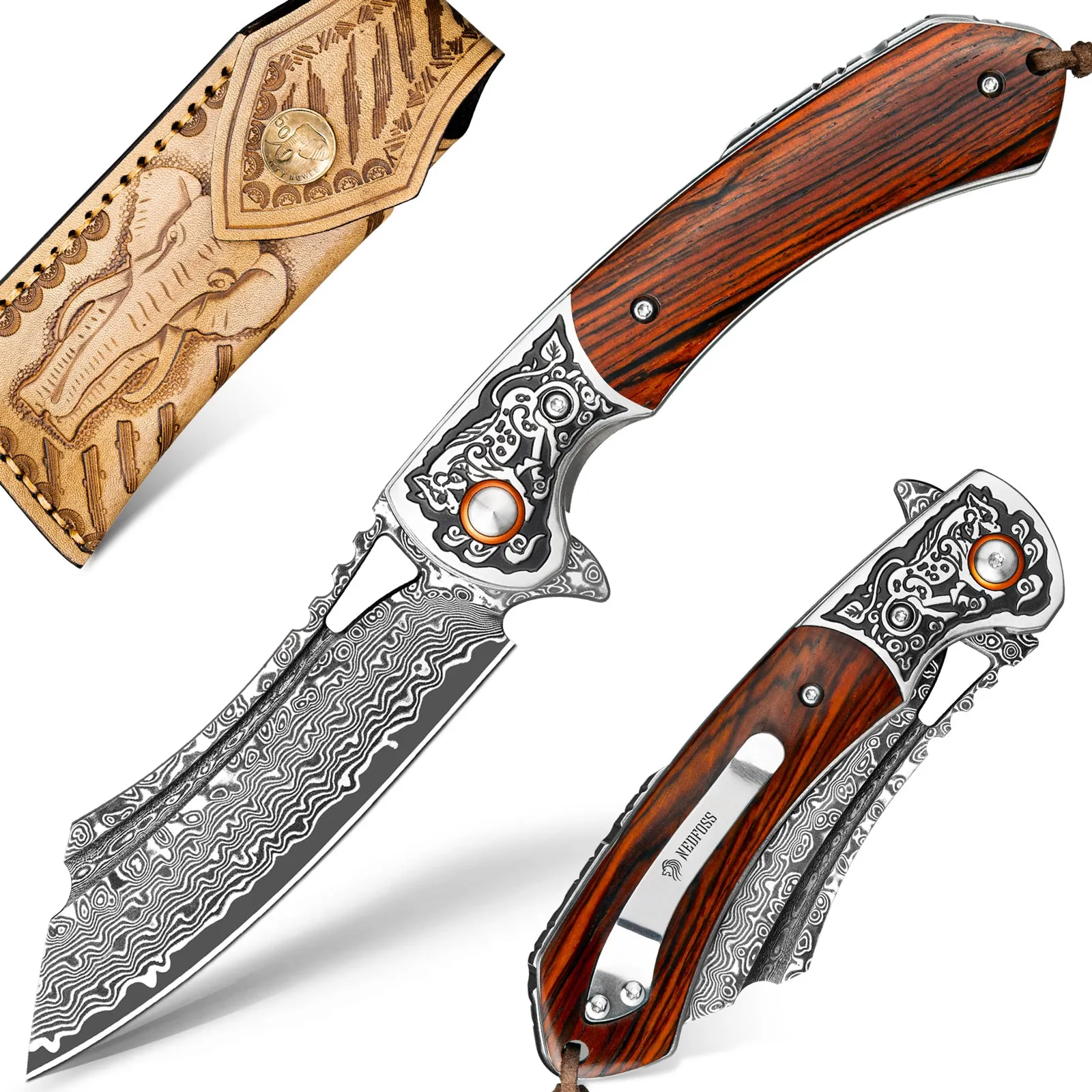 Nedfoss Unicorn Damascus Pocket Knife with Leather Sheath, 3.5"VG10 Steel Blade with Sandalwood Handle