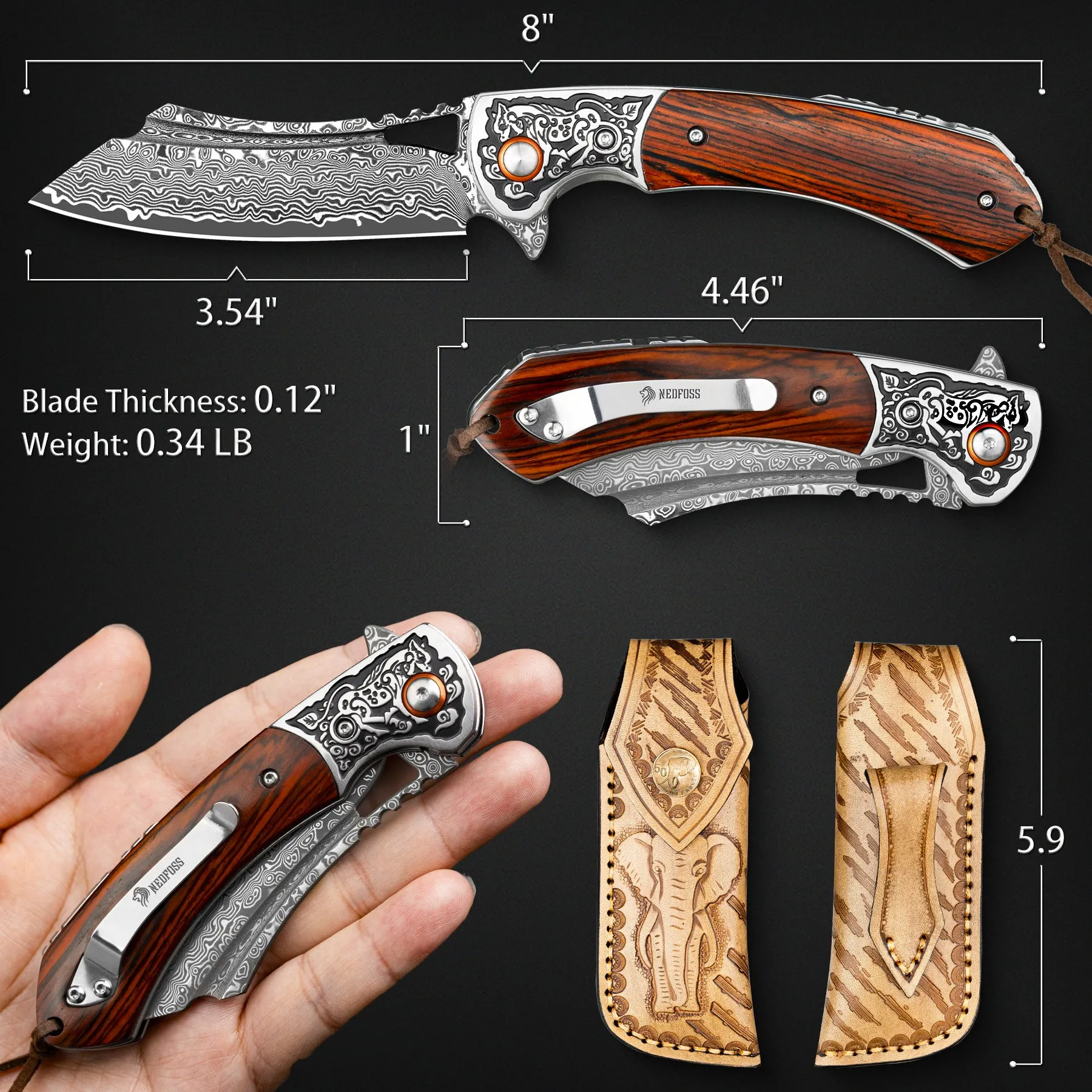 Nedfoss Unicorn Damascus Pocket Knife with Leather Sheath, 3.5"VG10 Steel Blade with Sandalwood Handle