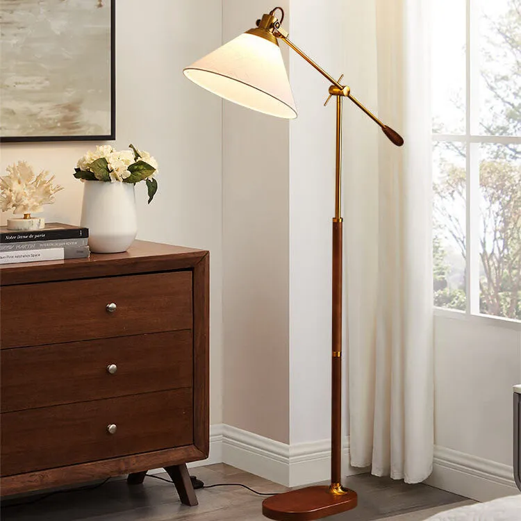 Nordic Vintage Fabric Cone Metal Ash Wood 1-Light Standing Floor Lamp