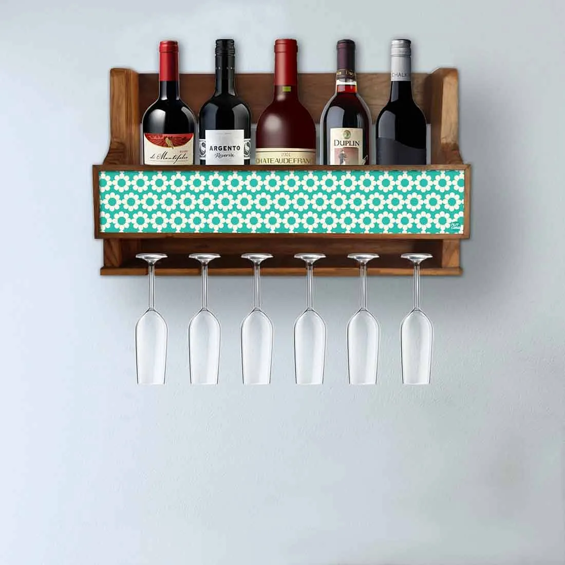 Nutcase Wooden Wine Stand Mini Bar Wall Mounted for 5 Bottles 6 Glasses-Blue Polka