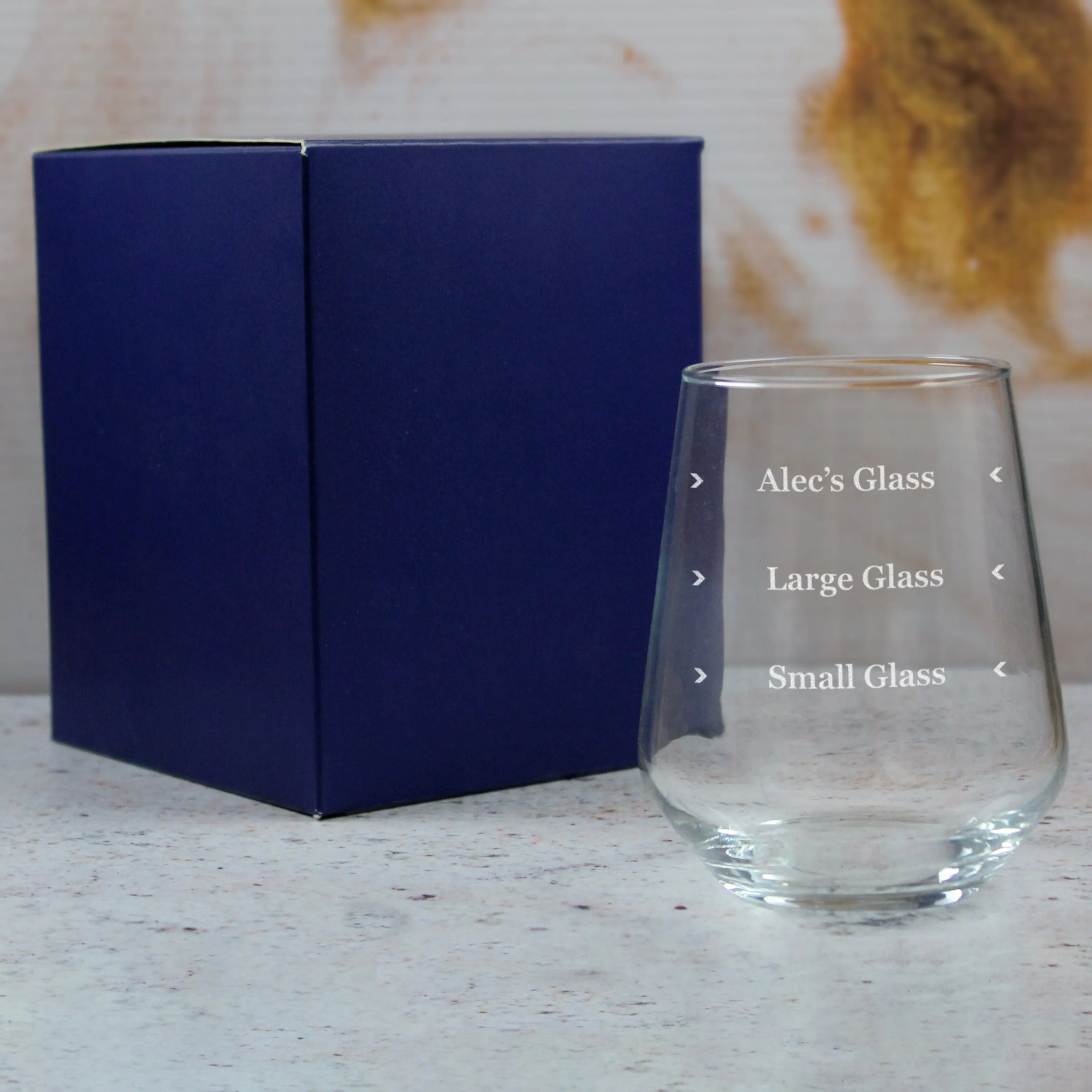 Personalised Engraved Stemless Allegra Wine Glass with Name's Glass Serif Measurements Design, Customise with Any Name