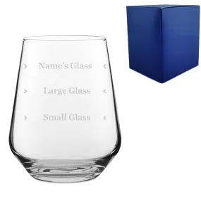 Personalised Engraved Stemless Allegra Wine Glass with Name's Glass Serif Measurements Design, Customise with Any Name