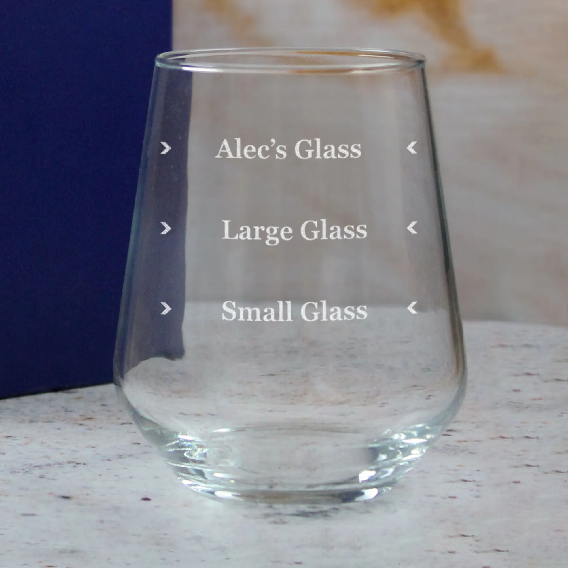 Personalised Engraved Stemless Allegra Wine Glass with Name's Glass Serif Measurements Design, Customise with Any Name