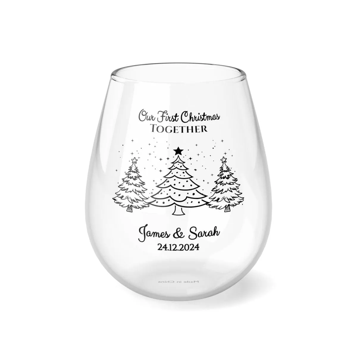 Personalised Our First Christmas Wine Glass, 12oz, Whiskey Glass 6oz, Stemless Wine Glass 11.75oz, Rock Glass 10oz