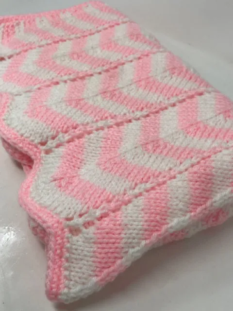 Pink and White Acrylic Chevron Stripe Knit Blanket