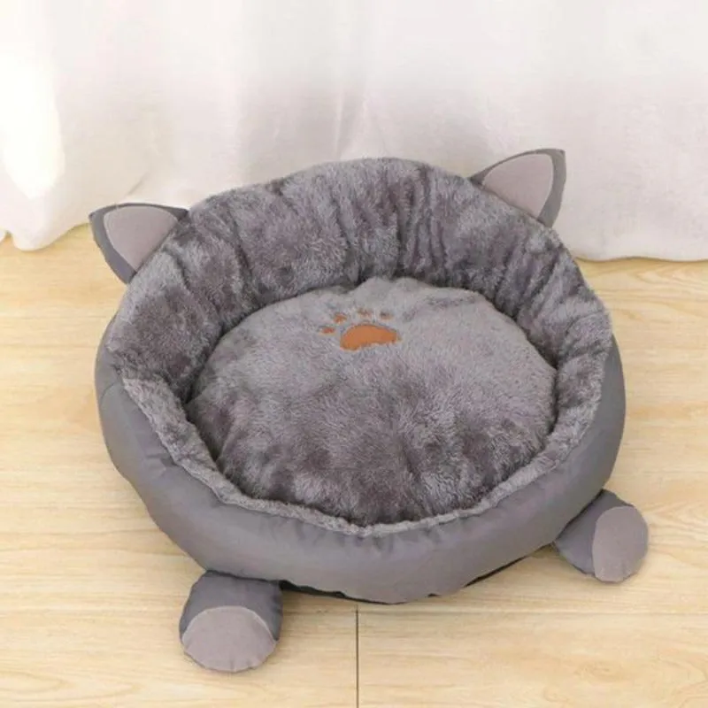 Plush Cat Bed Cute Cat Ears Raised Edge Non-slip Waterproof Bottom