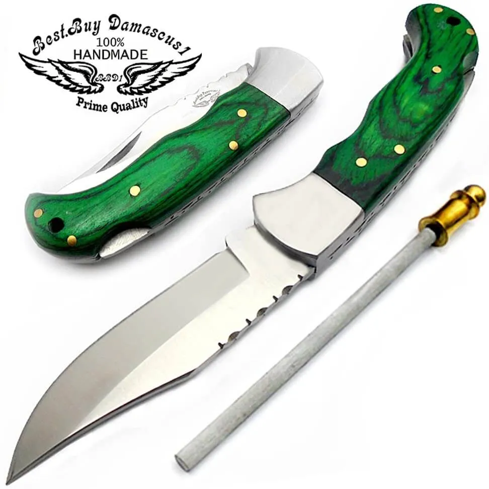 Pocket Knife Green Wood Folding Knife 6.5'' 420c Stainless Steel Hunting Knife Pocket Knife for men