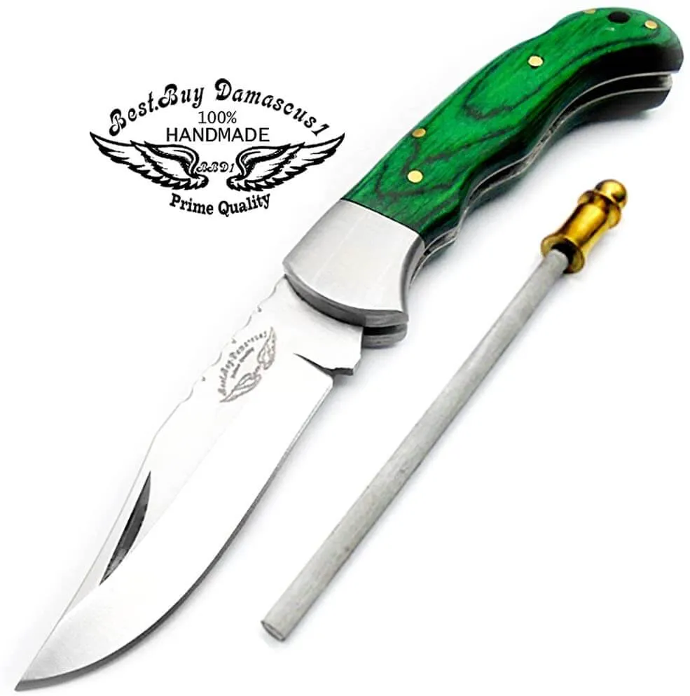 Pocket Knife Green Wood Folding Knife 6.5'' 420c Stainless Steel Hunting Knife Pocket Knife for men