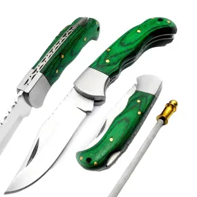 Pocket Knife Green Wood Folding Knife 6.5'' 420c Stainless Steel Hunting Knife Pocket Knife for men