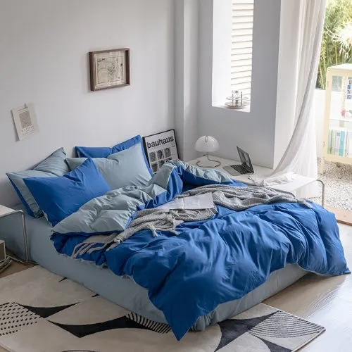 Premium Queen/Double Size Korean Reversible Bedding Set, Plain Grey and Blue Color.