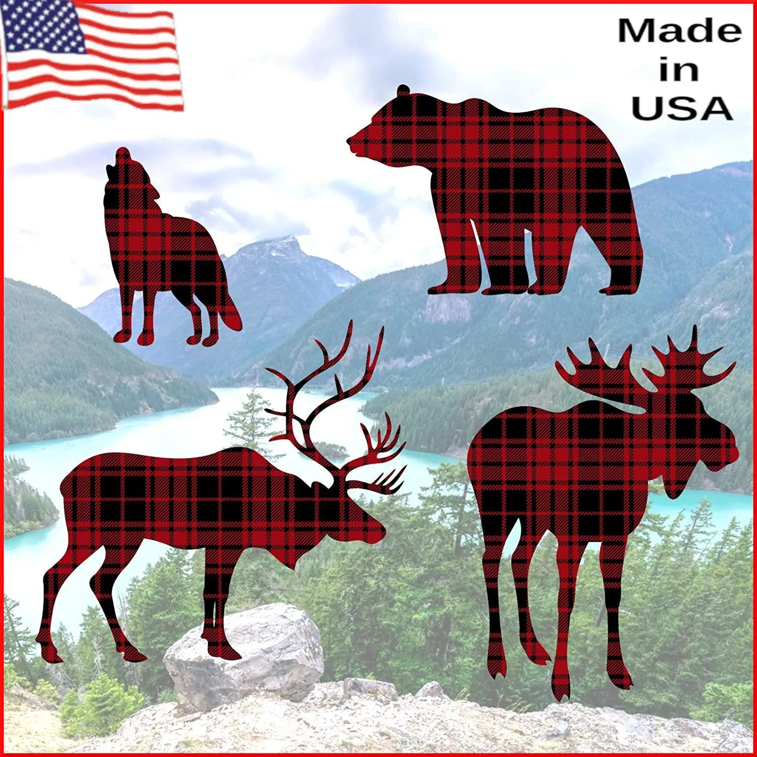 Red Plaid Bear Elk Wolf Moose, Forest 4 Pack Woodland Animals