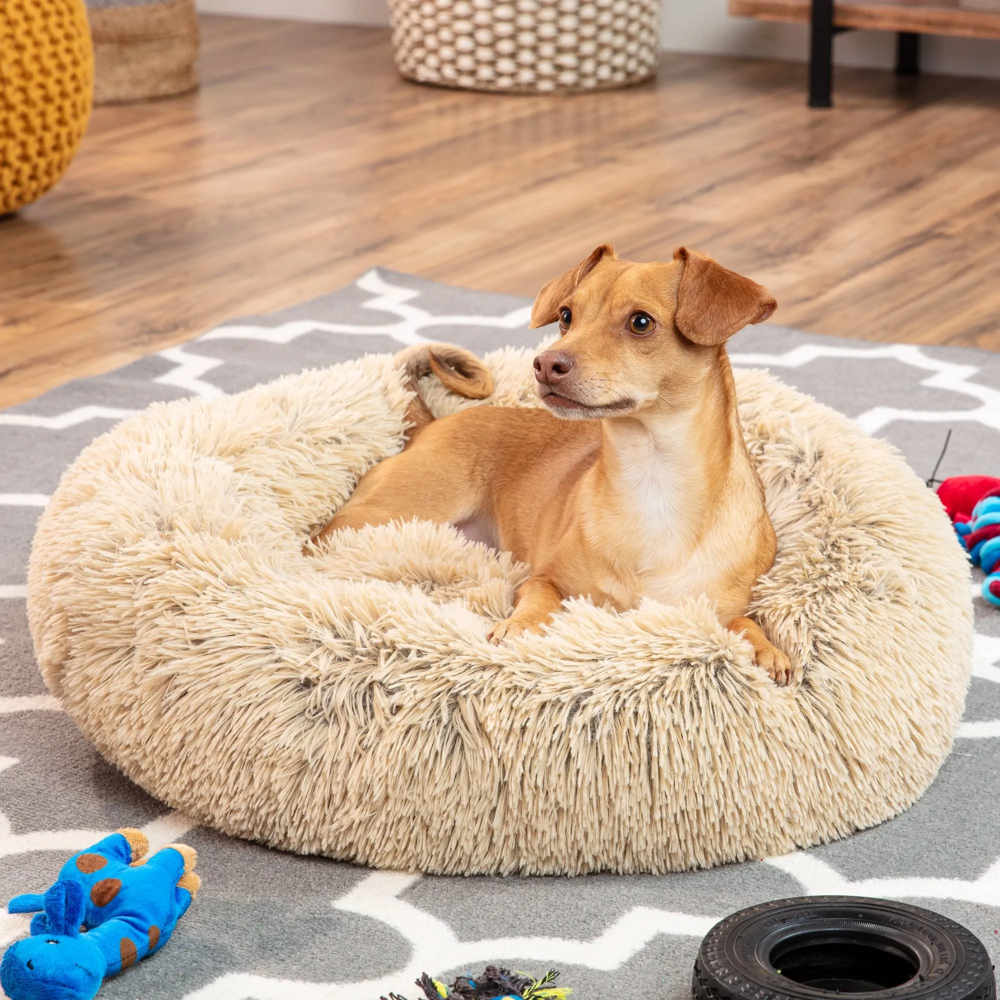 Self-Warming Shag Fur Calming Pet Bed w/ Water-Resistant Lining