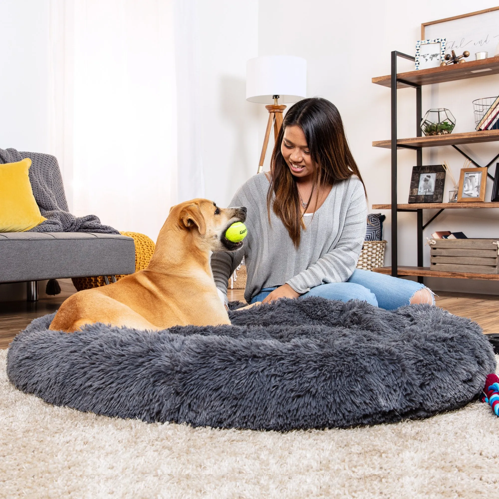 Self-Warming Shag Fur Calming Pet Bed w/ Water-Resistant Lining