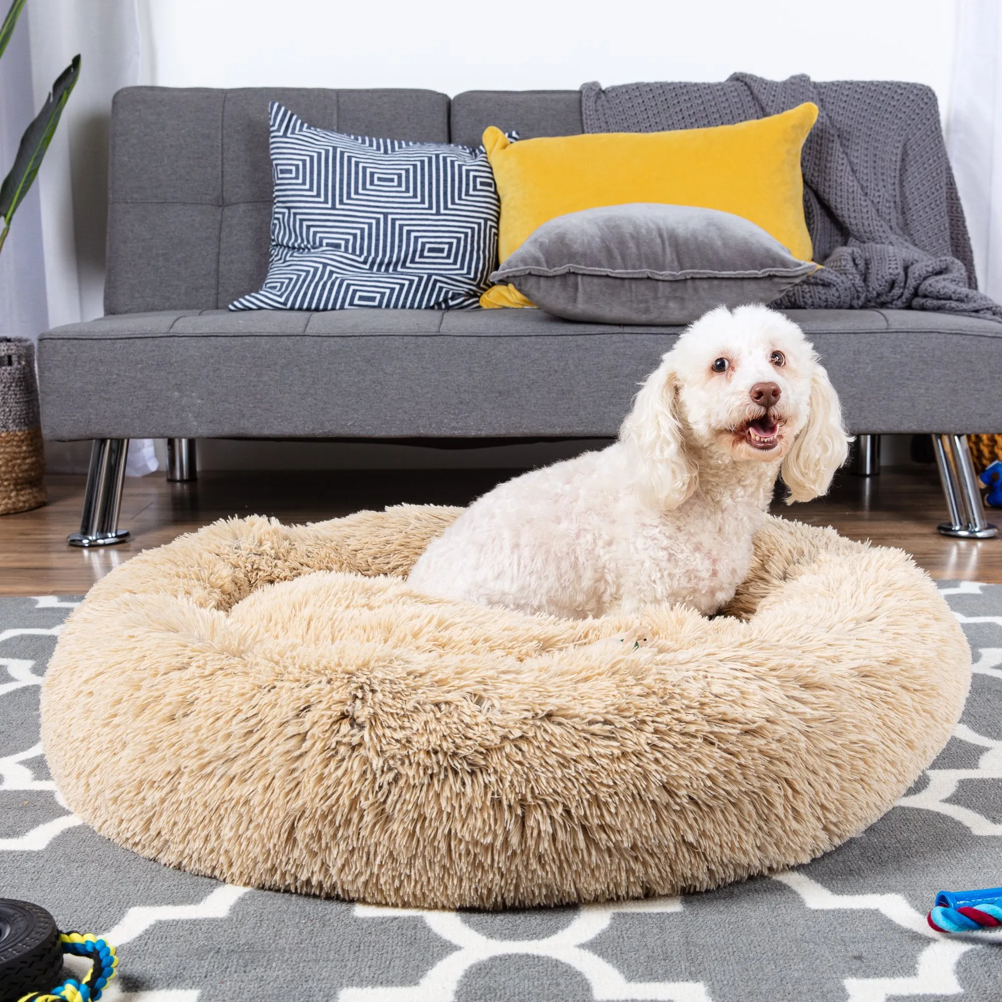 Self-Warming Shag Fur Calming Pet Bed w/ Water-Resistant Lining