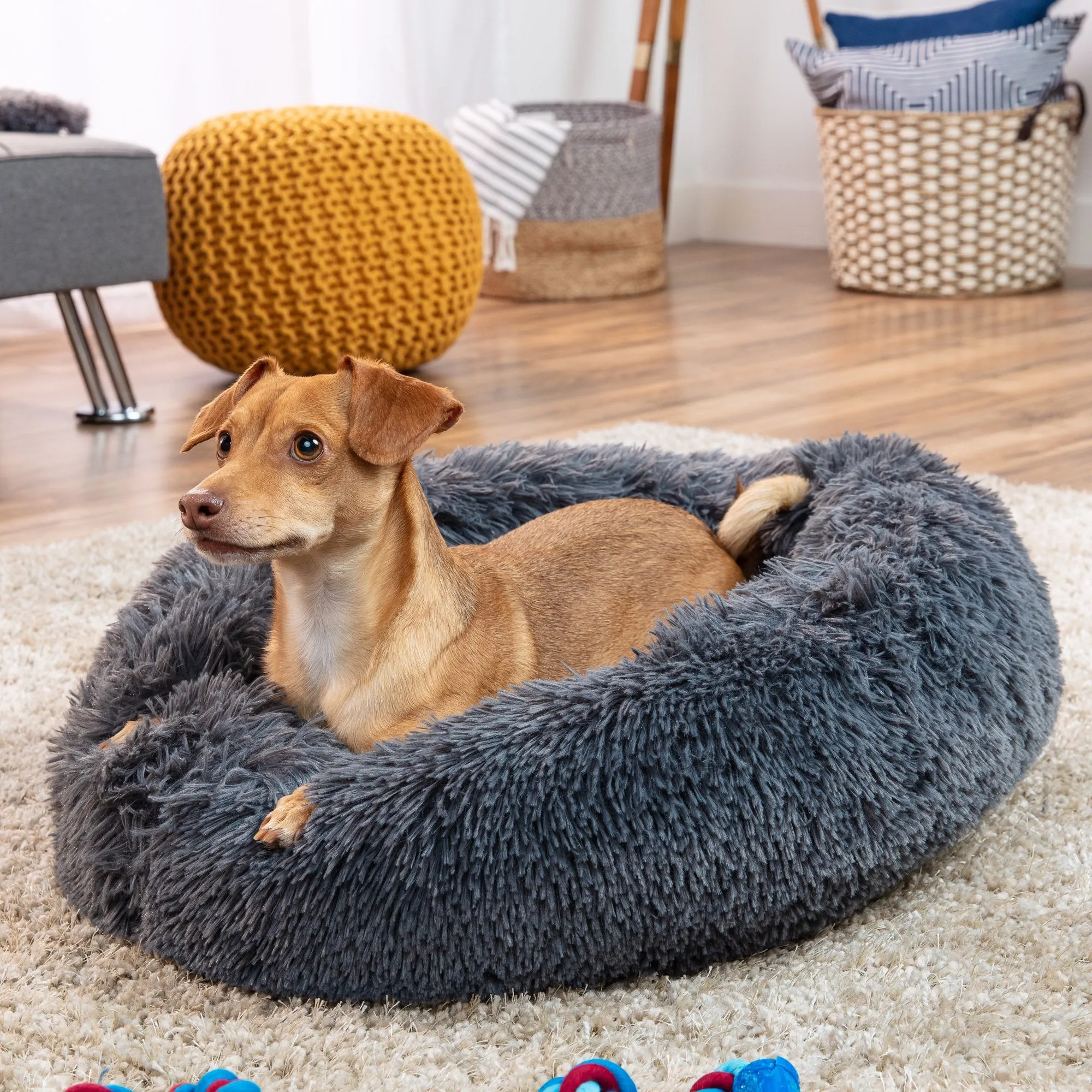 Self-Warming Shag Fur Calming Pet Bed w/ Water-Resistant Lining